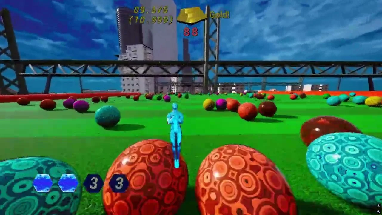 HYPERBALLIN gameplay with a cyan character riding patterned marbles.
